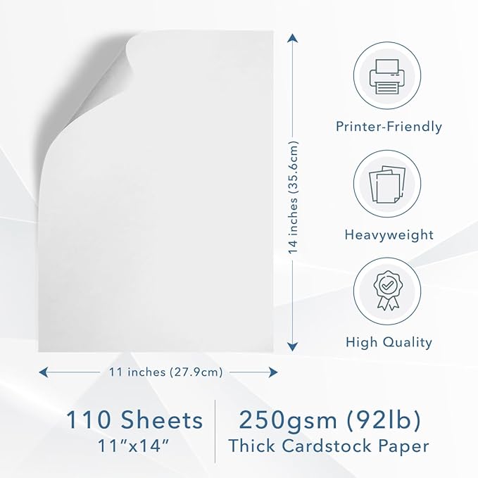 MOS White Cardstock Paper 11 x 14 Inch (110 Sheets) — Heavyweight Poster Board Card Stock for Crafts, Certificates, Menus, Art Projects, Printer Compatible