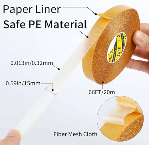 MILEQEE Double Sided Tape Heavy Duty, 0.59" x 66FT, Universal High Tack Strong Wall Adhesive with Fiberglass Mesh, Super Sticky Resistente Clear Tape, Easy Use Mounting Tape for School Office Home