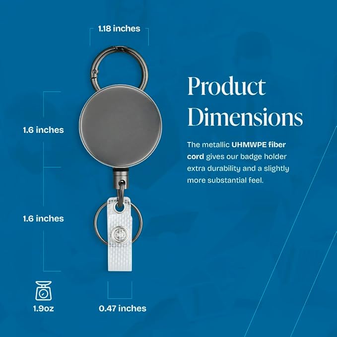 Will Well ID Badge Holder Reel with Clip and Keyring - Heavy-Duty All-Metal Casing with 27.5" UHMWPE Fiber Pull Cord for Durability and Easy Access, Holds up to 8 Keys - 2-Pack, Round, Glossy Silver