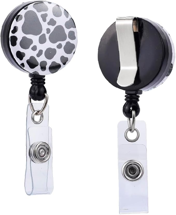 Will Well Badge Holders with Belt Clips for Securing onto Pockets and Purse Straps, with Retractable 27.5" UHMWPE Fiber Pull Cords, Strong Build with Fun Designs - 2-Pack, Cow Print