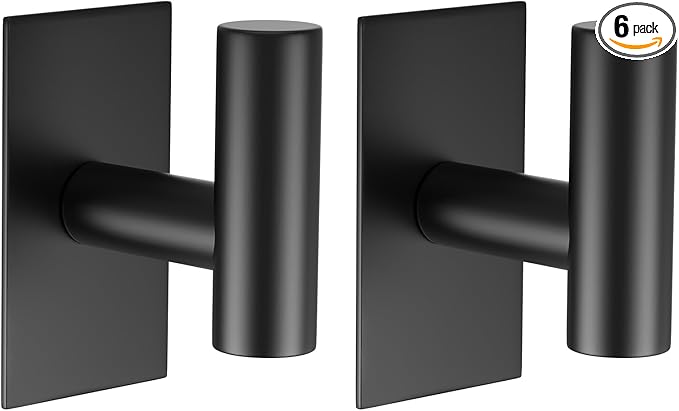 VAEHOLD Wall Towel Hooks, Heavy Duty Sticky Holder Waterproof Towel Hooks for Hanging Coat, Clothes, Closet Hook Wall Mount for Kitchen (Black, 2 Pack)