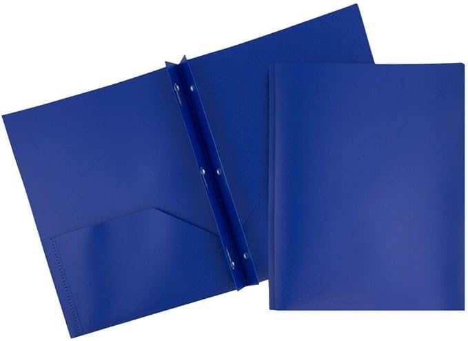 JAM PAPER Plastic Color Pop Folders - 2 Pocket Durable Folders with Metal Prongs Fastener Clasps - Dark Blue - 3/Pack