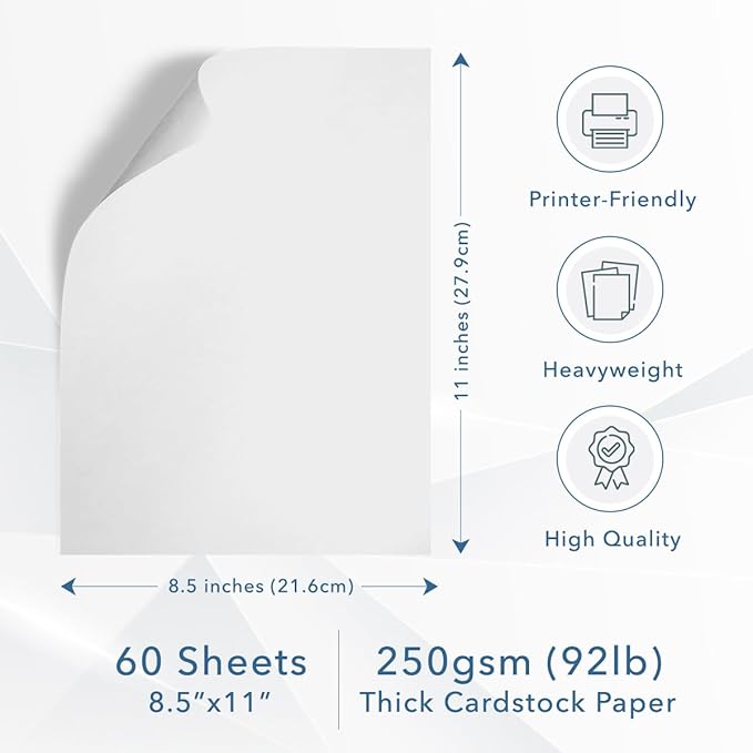 MOS White Cardstock Paper 8.5 x 11 Inch (60 Sheets) — Heavyweight Letter Size Card Stock for Crafting, Invitations, Menus, Business Use, Certificates, Printer Compatible