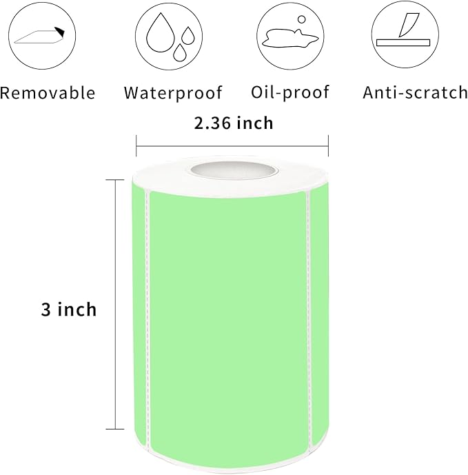 2×3 Inch Green Removable Thermal Labels,Self-Adhesive Square Direct Thermal Labels,300 Sheets per Roll with Perforated Lines