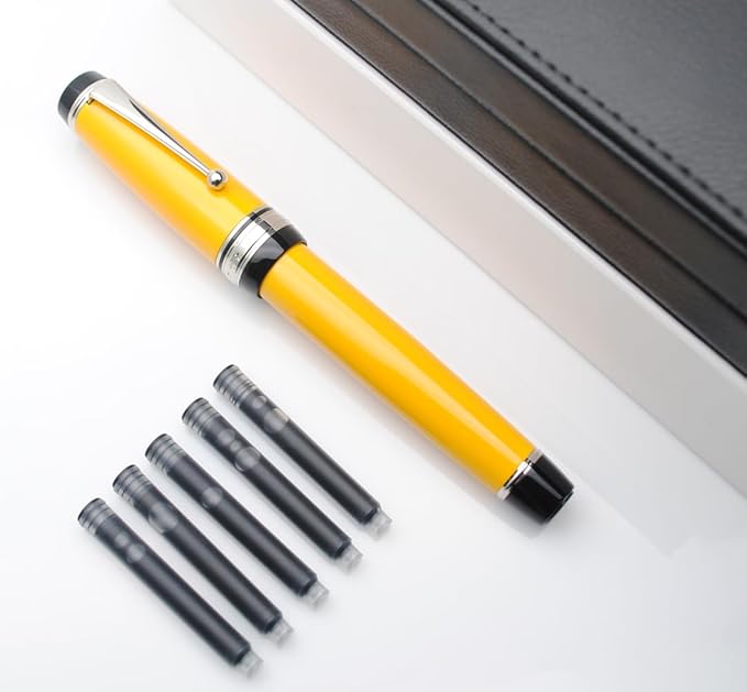 xixixiaozhu Metal Big Fountain Pen Set Medium Nib 0.7mm, Includes Ink Refill Converter, 5 Ink Cartridges & Gift Box (Medium Nib 0.7mm, Yellow with Silvery Clip)