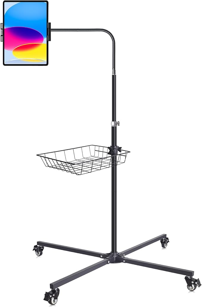 Coslony Adjustable Floor Standing Tablet Stand with Storage Basket, Mobile Rolling Base, Height Adjustable Metal Frame