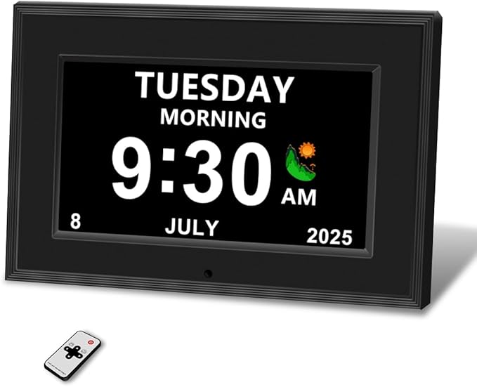 MYFMLI Digital Alarm Clock for Seniors - No-Abbreviation Date HD Display Auto Dimming Photo FrameWhite Noise DST Adjustment, Ideal Gift for Elders (7inch Black)