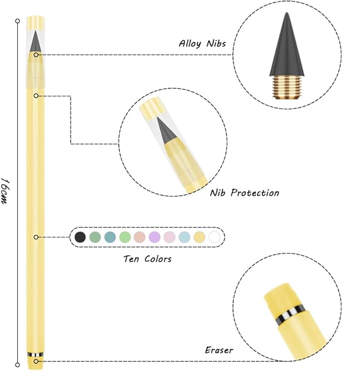 HOTUT Infinity Pencil,10PCS Inkless Pencil Forever Pencils with 10 Replaceable Nibs and Extra Erasers, NO-Sharpening Pencils for Students for Writing Drawing Home Office School Supplies
