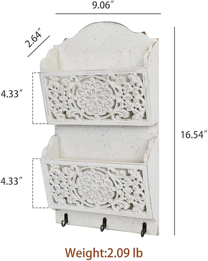 Chadechimo Rustic Key and Mail Holder for Wall Home Decorative,2-Slot Mail Organizer Wall Mount with 3 Hooks, Wooden Key Hangers Wall File Organizer Letter Sorter for Letter Magazines（White）