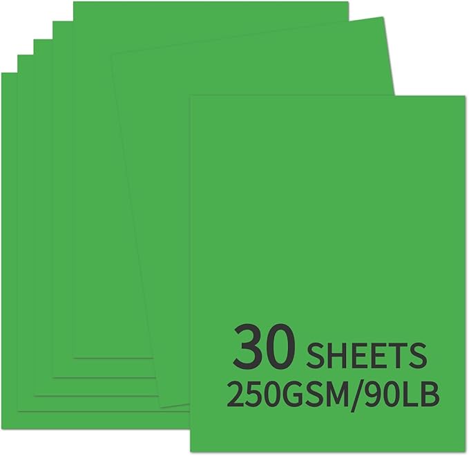 30 Sheets Green Cardstock 8.5'' x 11'', 250gsm/90lb Heavyweight Cover Cardstock Paper, Thick and Smooth Card Stock Perfect for Invitations, Menus, DIY Cards, Arts and Crafts