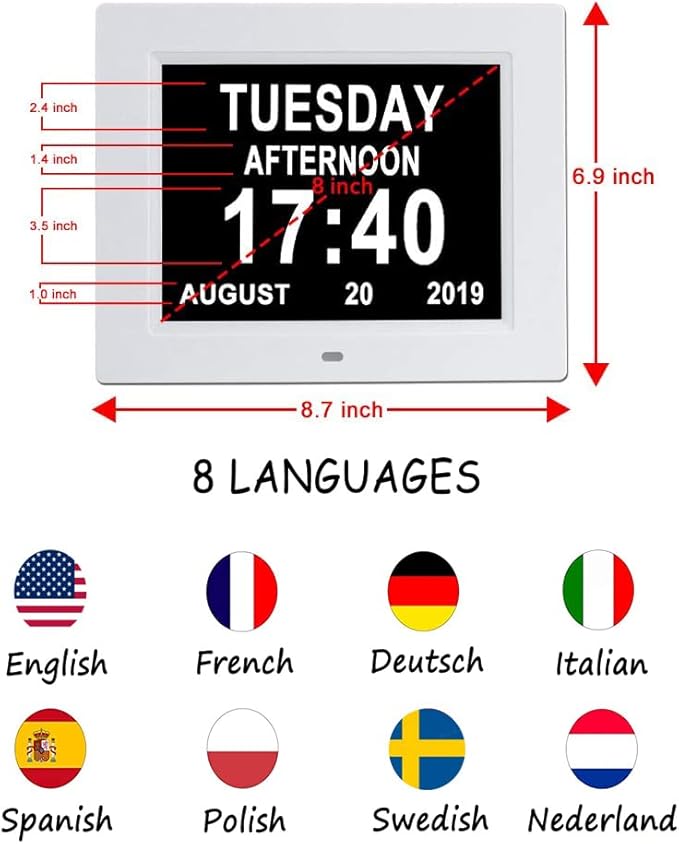 Aowasi 8 Alarms Digital Clock, Extra Large Display Wall Digital Day Calendar Clock with Non-Abbreviated Day & Month Alarm Clocks for Seniors Impaired Vision Dementia Elderly Alzheimer