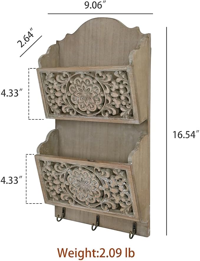Chadechimo Rustic Key and Mail Holder for Wall Home Decorative,2-Slot Mail Organizer Wall Mount with 3 Hooks, Wooden Key Hangers Wall File Organizer Letter Sorter for Letter Magazines（Brown）