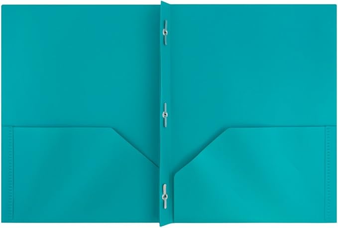 JAM PAPER Plastic Color POP Folders - 2 Pocket Durable Folders with Metal Prongs Fastener Clasps - Teal Blue - Bulk 96/Pack