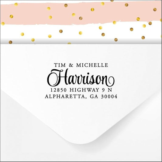 PrettySweetParty Self Inking Return Address Stamp - Custom 4 Line Personalized Address Stamp for Envelopes, Wedding Invitations, Business, Mailing Labels (Harrison)