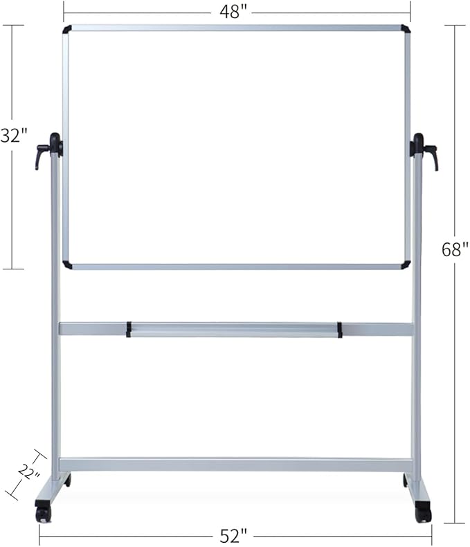 VIZ-PRO Double-Sided Magnetic Mobile Whiteboard, 48 x 32 Inches, Aluminium Frame and Stand