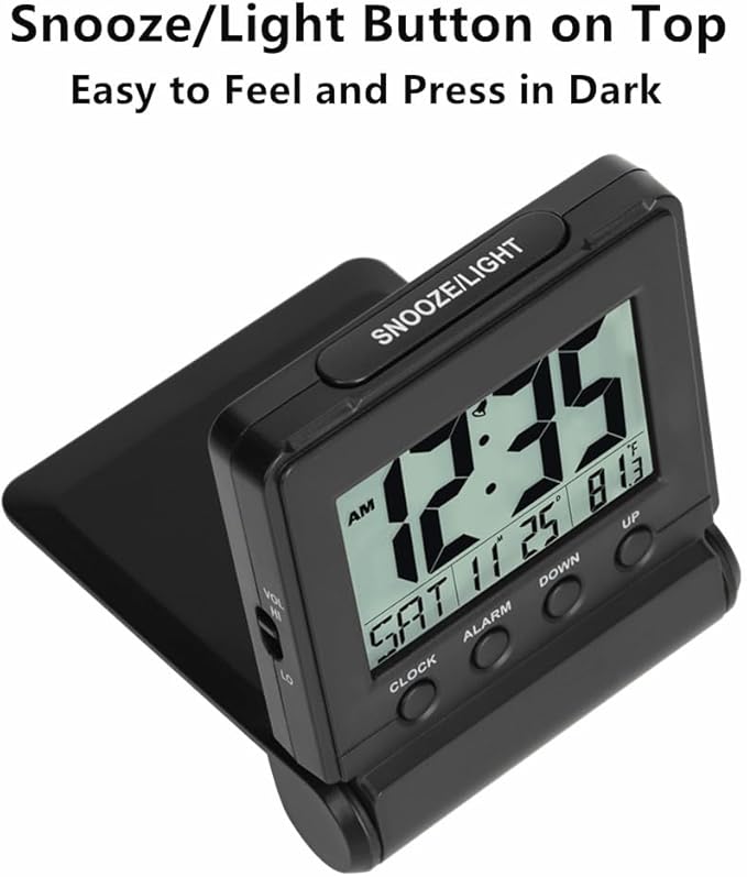 FAMICOZY Small Folding Digital Travel Alarm Clock with Day/Month/Date/Indoor Temperature,Easy to Read and Set,High/Low Alarm Volume,9 Min Snooze,Backlight on Demand,Bedside Calendar Alarm Clock,Black