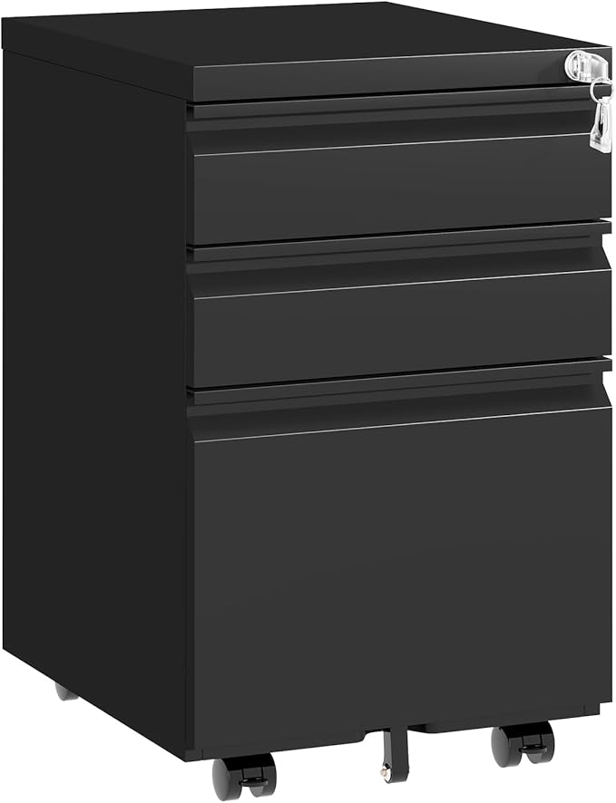TEEALUBAN 3 Drawer File Cabinet with Lock,Under Desk Rolling Small Filing Cabinet for Home Office Storage,Mobile Steel Cabinets with Wheels,Fully Assembled,Black