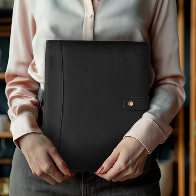 Leather Village Leather Portfolio Organizer - Professional Business Padfolio for Men & Women - Stylish Document Card Holder, Resume Folder, Folio for A4/Letter Size Writing Legal Pad, Black