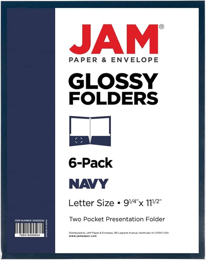 JAM PAPER Laminated Two Pocket Glossy School Folders - Letter Size - High Gloss Navy Blue - Bulk 25/Pack