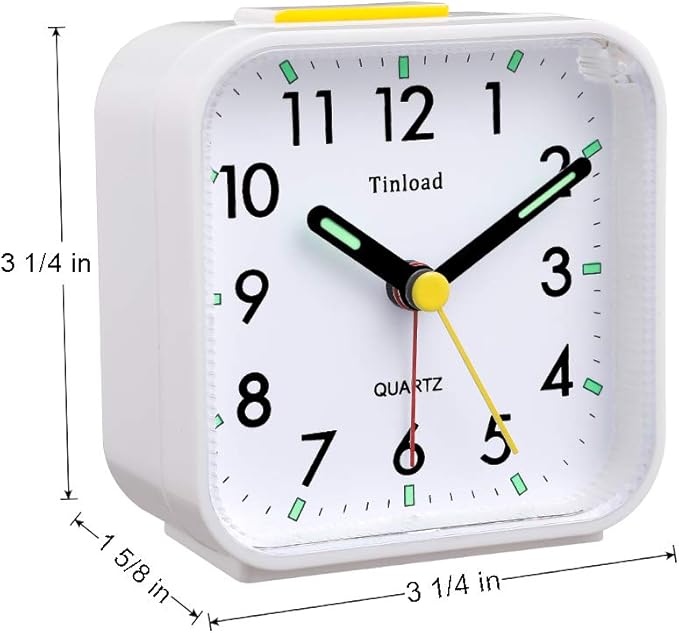 Tinload Small Battery Operated Analog Travel Alarm Clock Silent Non Ticking, Gentle Wake, Ascending Beep Sounds, Snooze,Lighted on Demand, Easy Set(White)