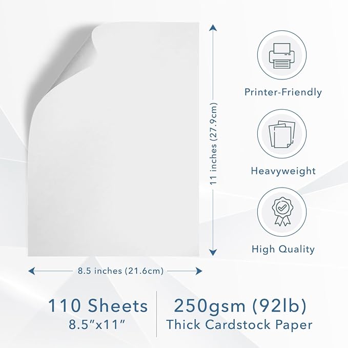 MOS White Cardstock Paper 8.5 x 11 Inch (110 Sheets) — Heavyweight Letter Size Card Stock for Crafting, Invitations, Menus, Business Use, Certificates, Printer Compatible