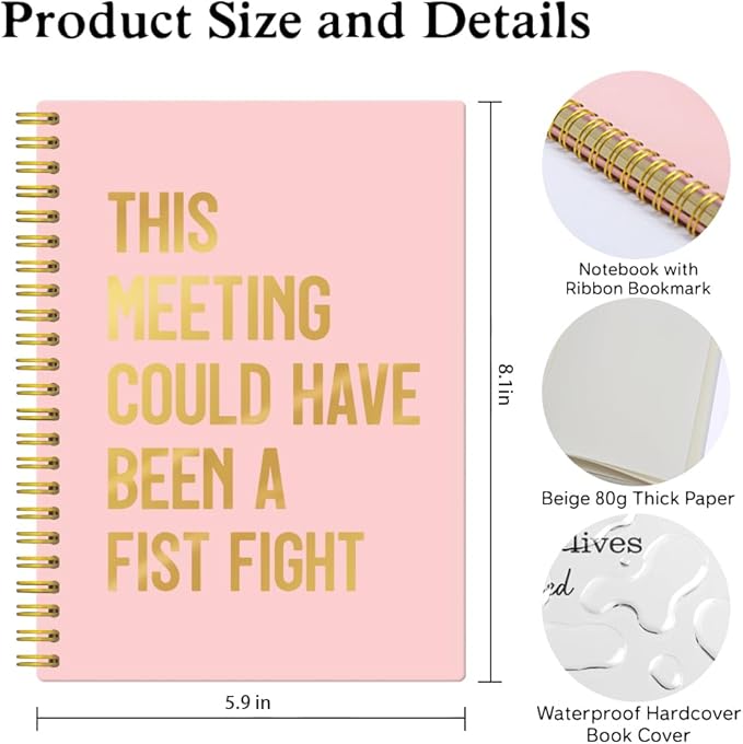 XQLZY This Meeting Could Have Been A Fist Fight Pink Gold Spiral Notebook, Funny Corporate Humor Notepad, Office Sarcastic Humor Gifts for Men Women Coworker BFF Friend, Coworker Christmas Gifts