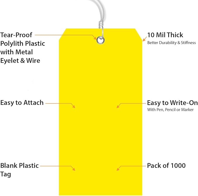 SmartSign (Pack of 1000) Yellow Plastic Tags with Wires, 6.25 x 3.125 inch, Metal Eyelet, 10 mil Tear-Proof Polylith Plastic, Writable