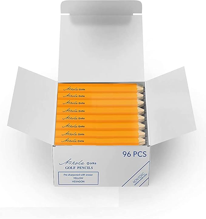 Nikola Works Mini Golf Pencils Without Erasers - 96 Count - Classic Pre-Sharpened #2 HB American Pew Pencils Standard Hex Shaped Bulk Pack