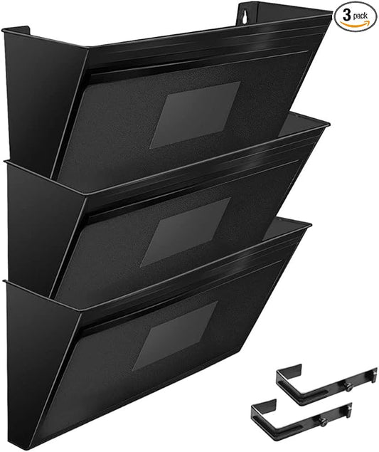 Acrimet Wall Mount Pocket File Organizer Holder Modular Letter Size A4 Plastic (Hangers Included) (Black Color) (3 Pack)