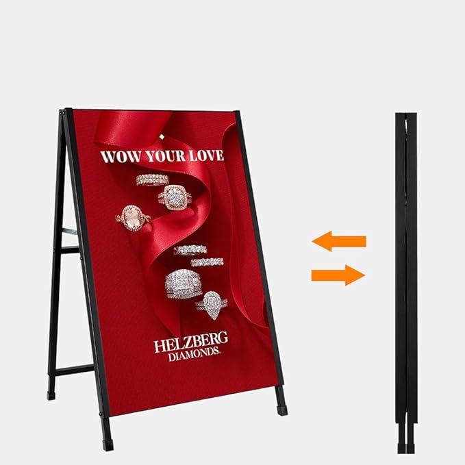 DISPLAYSWORKER Heavy Duty A-Frame Sidewalks Signs 24x36 Inch ,outdoor Sandwich Board Sign Black Coated Steel Metal Double-Sided，Slide-in Folding with 2 Corrugated Plastic Poster Boards&2 Anti-Glare
