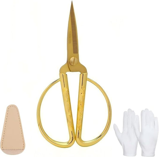 Ribbon Cutting Ceremony Kit,With Gold scissors,Scissors Blade Sheath and a pair of white gloves,Suitable for Ribbon-cutting ceremony,Office,Home,and Crafts, Right/Left Handed (Embossed handle)