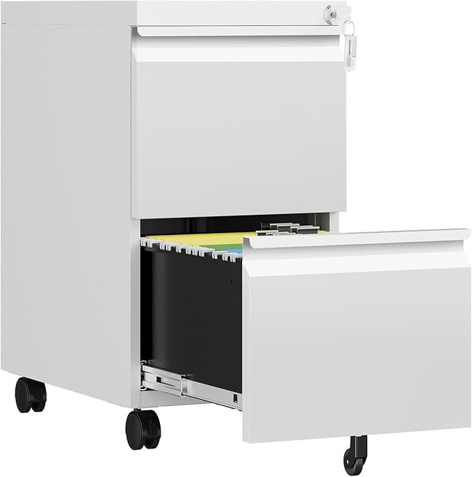 AFAIF 2 Drawer File Cabinet with Lock, Rolling File Cabinets for Home Office, Small Metal Filing Cabinet Office Drawers Under Desk for Letters/Legal/A4 Size, Assembly Required