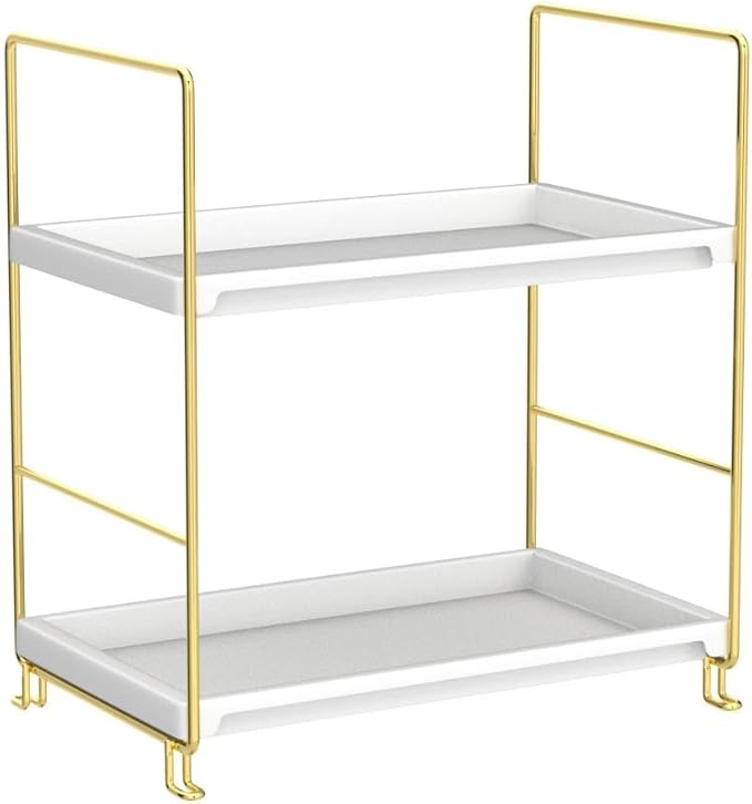 FSyueyun 2-Tier Bathroom Countertop Organizer, Tool-Less Installation Premium Plastics Makeup Shelf Organizer Perfume Skincare for Dresser Vanity Tray Organizers and Storage (Gold)