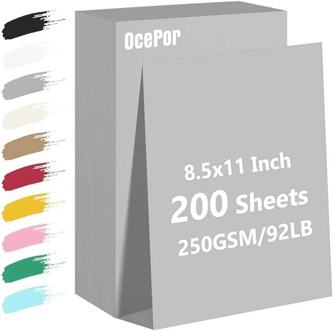 OcePor 200 Sheets Grey Cardstock Paper, Colored Printer Paper 8.5 x 11, Card Stock Thick Construction for Craft,Scrapbook，Office Printing, Invitations, Certificates，92 lb/250gsm