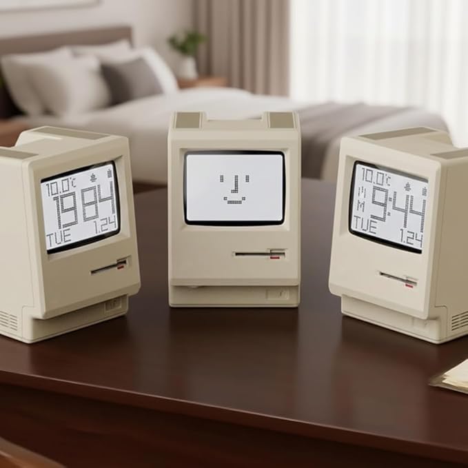 OIJ Maclock Retro Pixel Alarm Clock, 1984 Computer-Inspired USB Desk Clock with Pixel Display, Multiple Alarms, Adjustable Brightness, Calendar, Temperature
