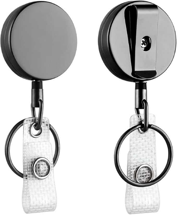 Will Well ID Badge Holder Reel with Clip and Keyring - Heavy-Duty All-Metal Casing with 24.4" UHMWPE Fiber Pull Cord for Easy Access, Holds up to 8 Keys - 2-Pack, Small Round, Glossy Black