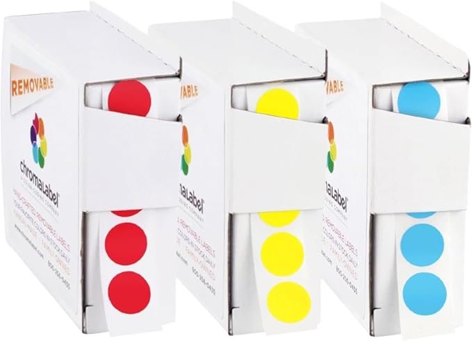 ChromaLabel 1/2 Inch Removable Circle Sticker Labels, High Visibility Round Colored Stickers, Sticky Dots - 1000 Color Coding Stickers per Dispenser Box, 1000 Light Blue, Red, and Yellow Dots