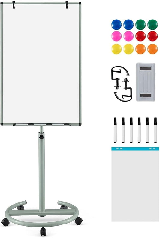 Goplus 40” x 26” Rolling Whiteboard, Height Adjustable Magnetic Dry Erase Board on Wheels with Round Stand, Paper Clips, Storage Tray, Paper Pad, Magnets, Markers, Mobile White Board for Office School