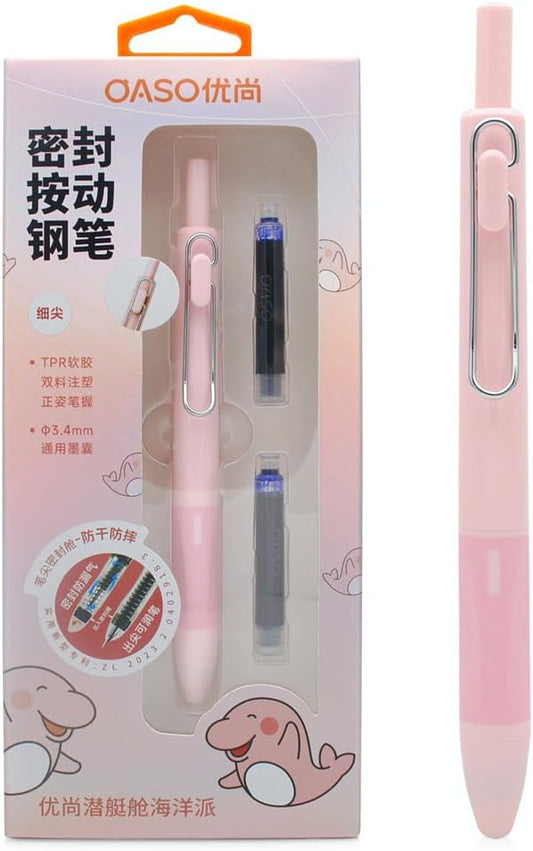 xixixiaozhu OASO K018 Sealed Retractable Fountain Pen Set 0.5mm with 2pcs Blue Ink Cartridges Smooth Writing for School Students (Light Pink)