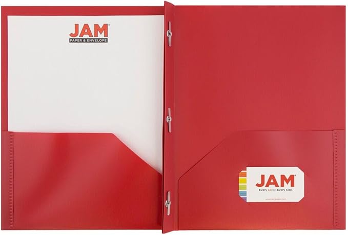 JAM PAPER Plastic 2 Pocket POP Folders - Durable School Folders with Metal Prongs Fastener Clasps - Red - Bulk 48/Pack