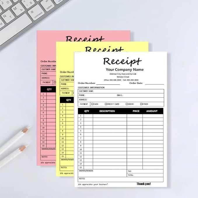 Custom Carbonless Sales Invoice Form Books for Small Business, Personalized NCR 2-Part Receipt Book with Carbon Copies, Cover Add Company Name, Address and Number Printed