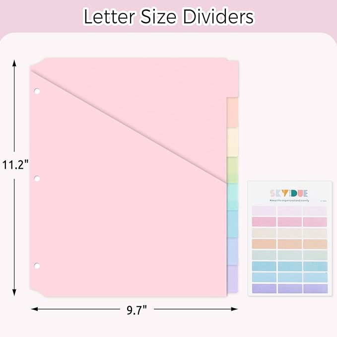 SKYDUE Pastel Binder Dividers with Pockets – 8-Tab Durable Plastic Dividers for 3-Ring Binder, Single Pocket File Organizers with Matching Label Stickers