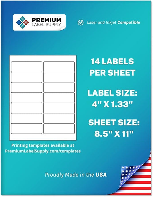 Premium Label Supply White Sticker Mailing Labels – 4" x 1.33" – Laser/Inkjet Compatible – (14 per Sheet), 1000 Sheets – 14000 Total Adhesive Labels