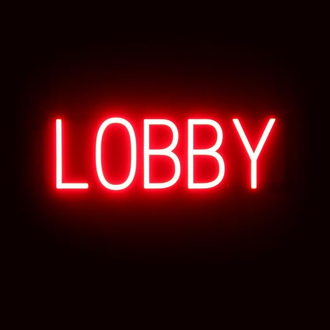 SpellBrite LOBBY Sign | Directional Sign with Neon Look, Red LED Light Source | 20.4" x 6.3"
