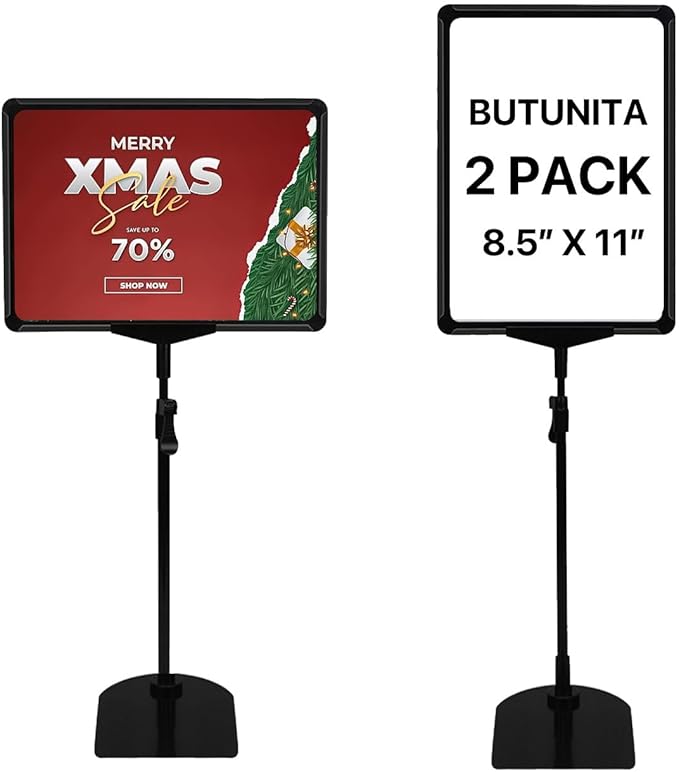 BUTUNITA Sign Holder Stand, 8.5x11 Inch Adjustable Tabletop Sign Holder Floor Stand for Supermarket, Vertical&Horizontal View Displayed (Black,2Pcs)