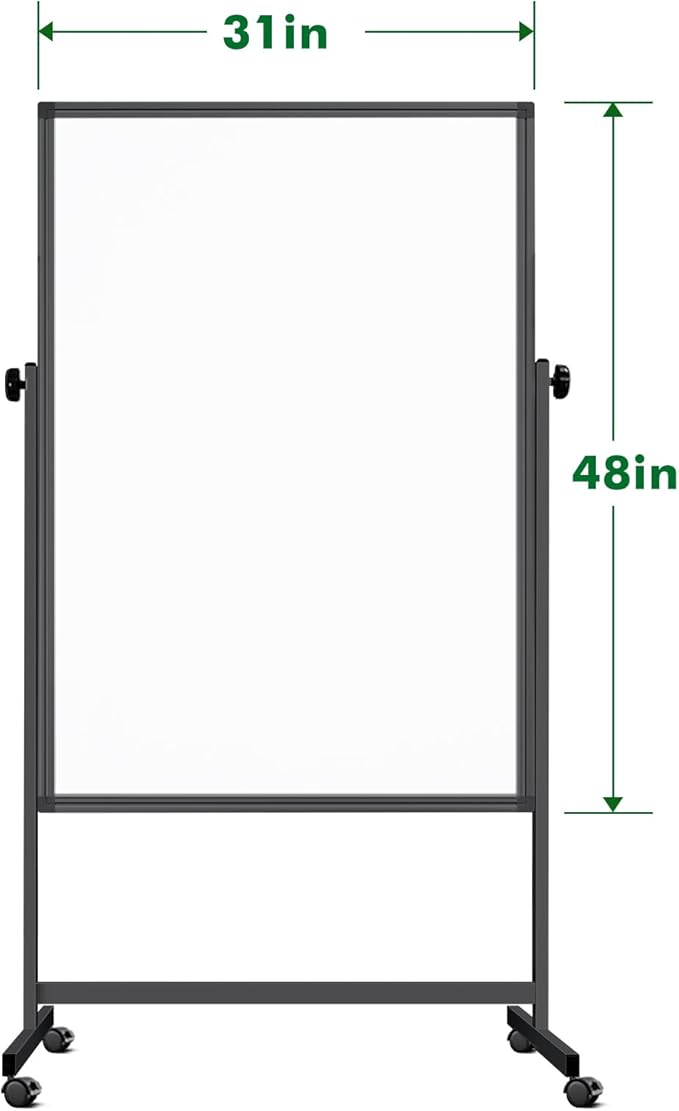 Rolling Whiteboard on Wheels, 32x48 Inches Double-Sided Magnetic Dry Erase Board with Stand, Height Adjustable Mobile White Board Easel for Classroom Home Office Black