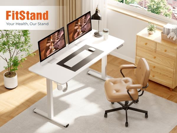 FitStand Adjustable Stand Up Desk with Memory Preset, Standing Desks 55 x 24 Inch Electric Home Office Desk Computer Workstation Splice, White Top + White Frame