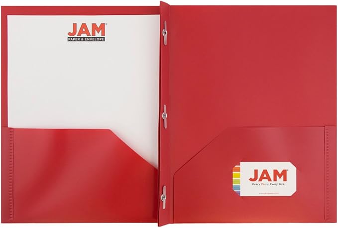 JAM PAPER Plastic Color POP Folders - 2 Pocket Durable Folders with Metal Prongs Fastener Clasps - Red - Bulk 96/Pack