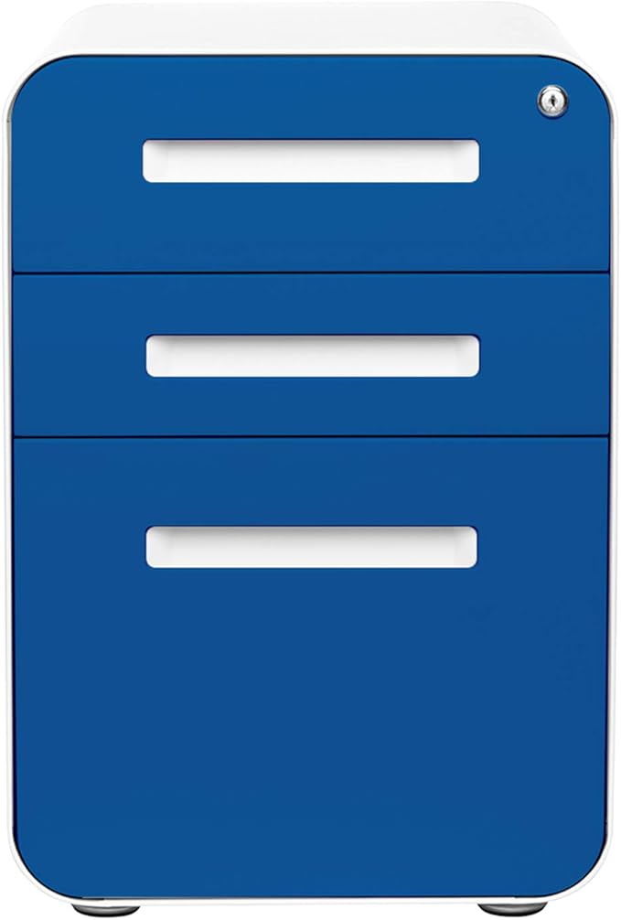 Laura Davidson Furniture Stockpile 3 Drawer File Cabinet with Lock - Under Office Desk Metal Filing Cabinet, Legal/Letter File Folders, Wheels and Stationary Feet, Pre-Assembled, Blue Faceplate