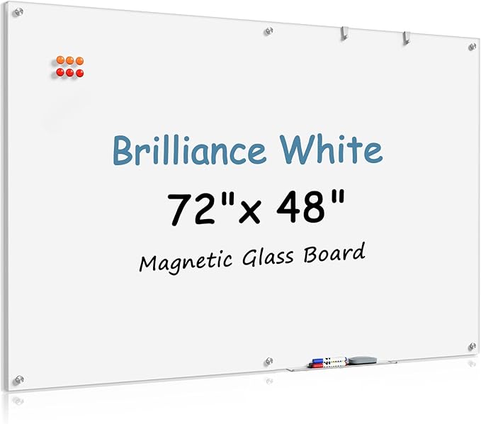 MaxGear Glass Whiteboard Tempered Magnetic Dry Erase Board 72 x 48 Inch Ultra White, Frameless Wall Mounted, Office Classroom Conference Room Home Use, Includes Markers, Eraser, Magnets & Mounting Kit